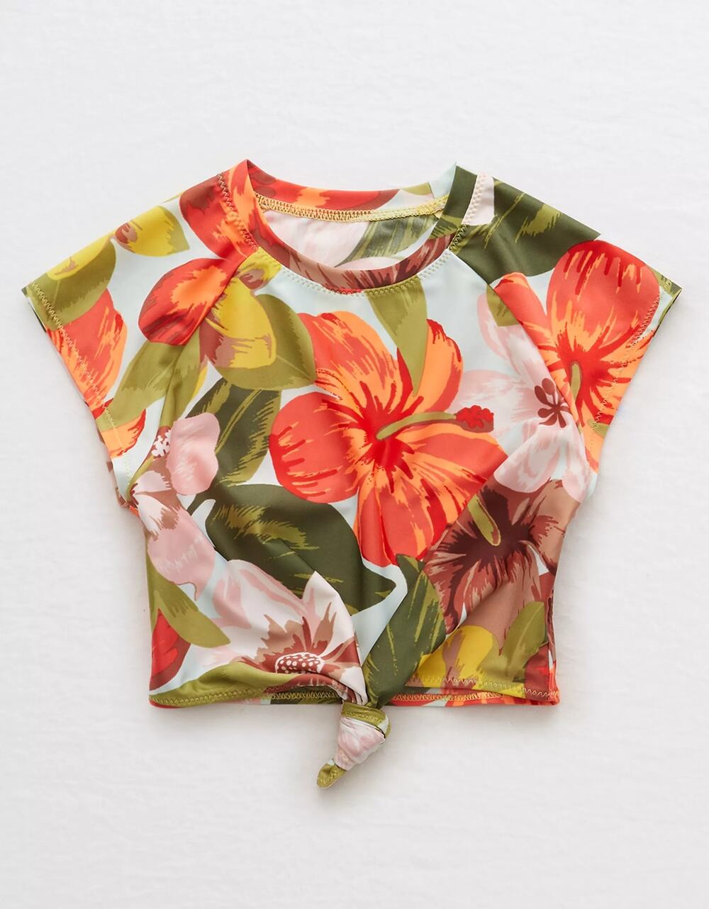 Aerie Crop Surf Knot Bikini Top Tropical Floral Cap Sleeve Swimwear Women XS